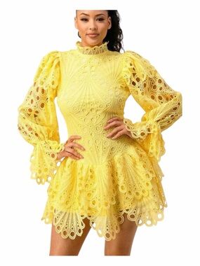 THE SANG Yellow Eyelet Crochet Long Sleeve Ruffly Mockneck Mini Dress. Medium.